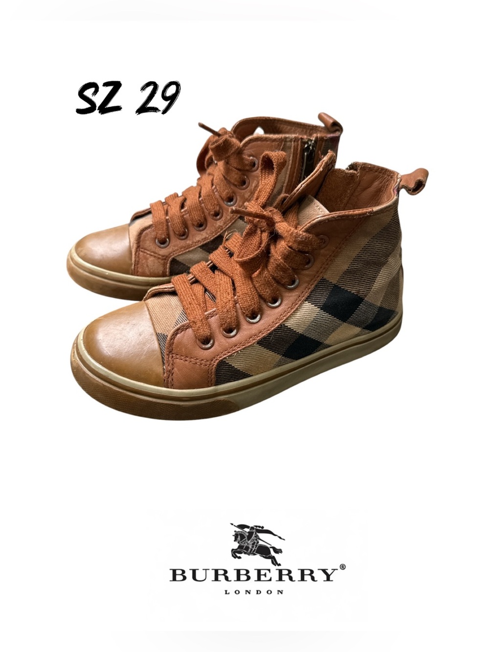 Burberry Kids Check High-Top Sneakers Boots Brown Leather Nova Check Size EU 29